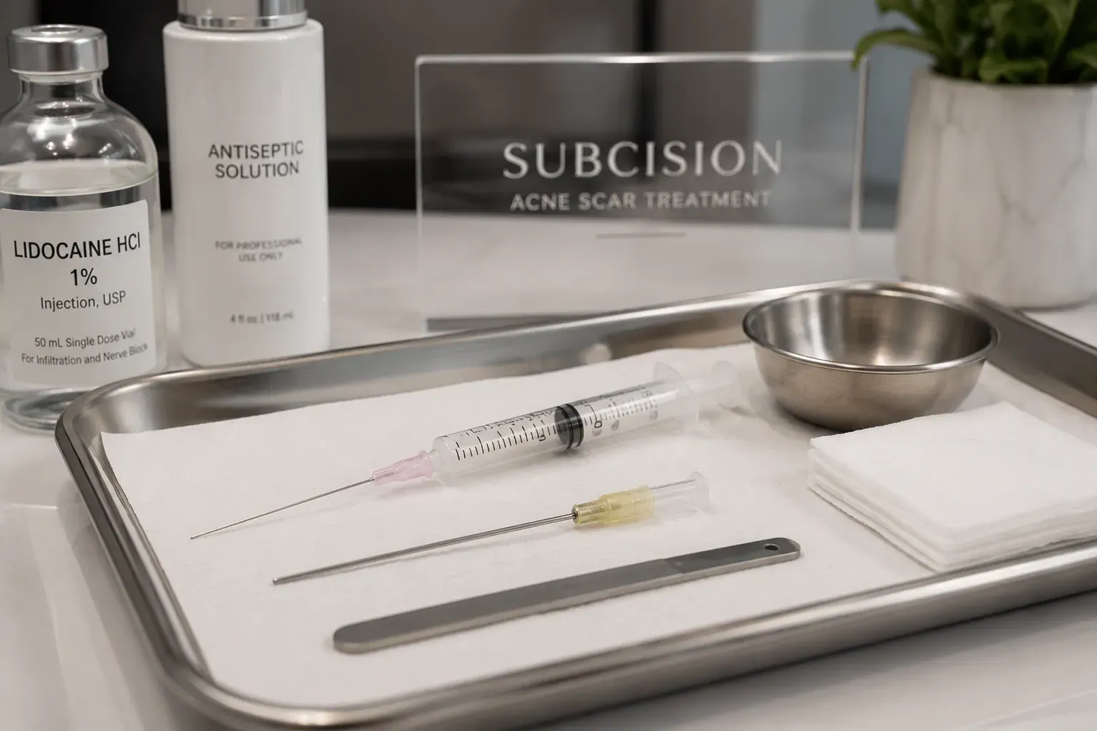 Subcision Procedure Clinical subcision treatment being performed to improve depressed acne scars at Englewood Med Spa.
