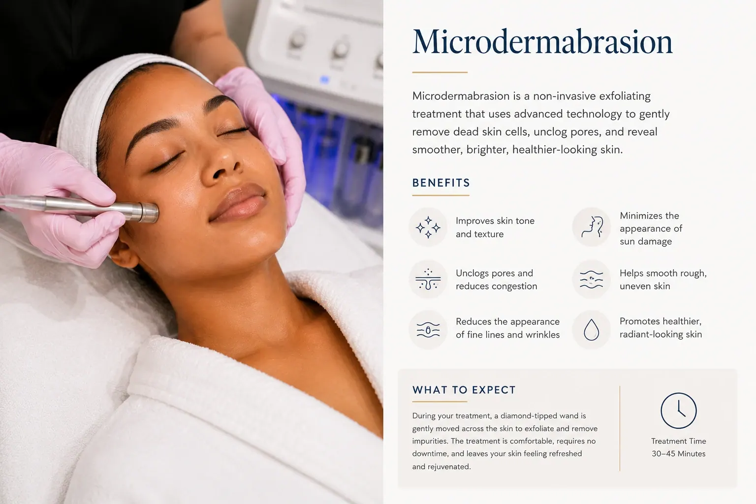 Microdermabrasion Benefits Educational infographic explaining the benefits of professional microdermabrasion for smoother, brighter, healthier-looking skin at Englewood Med Spa.