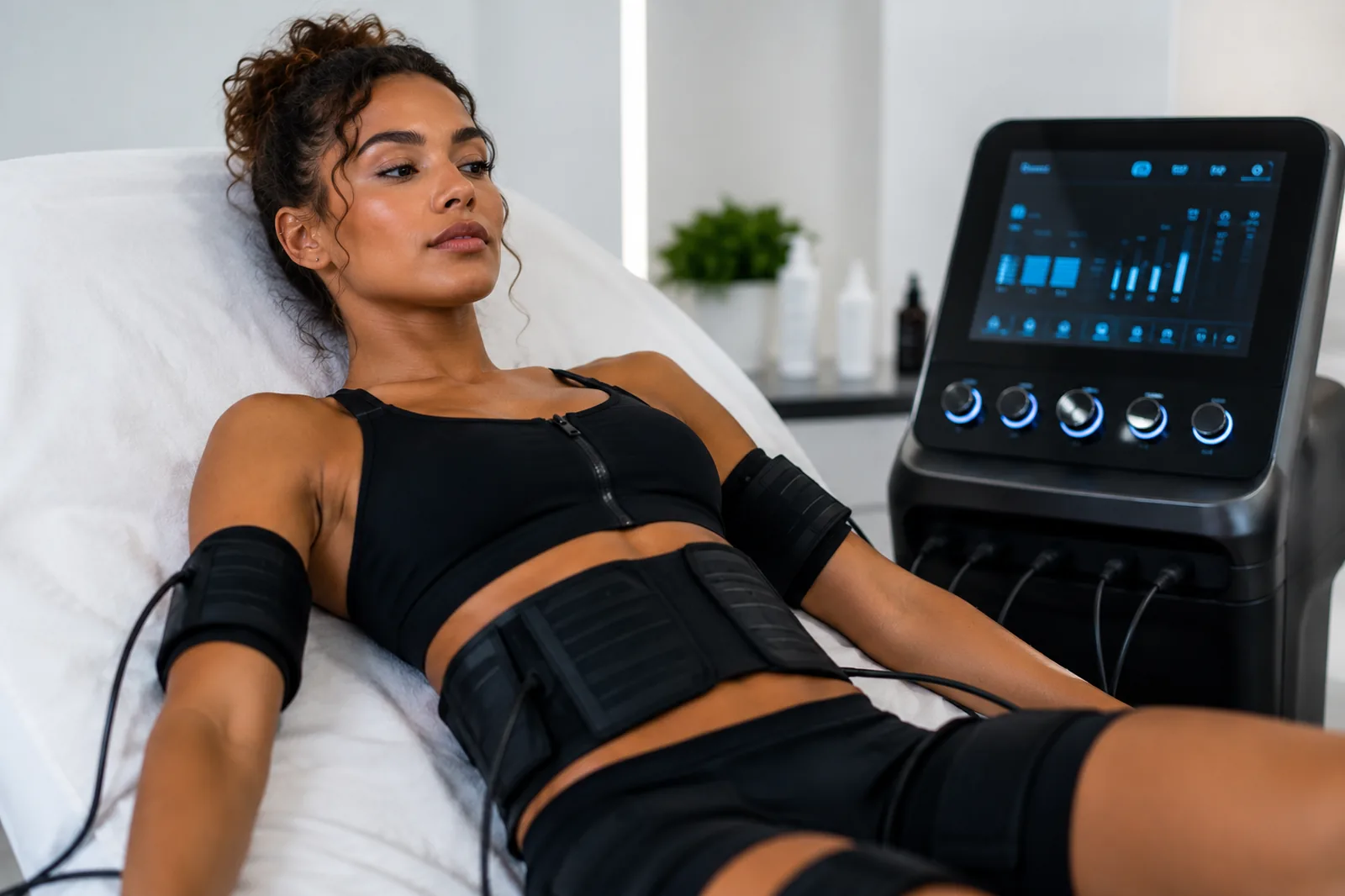Woman receiving EMS muscle toning treatment on her abdomen, arms, and thighs at Englewood Med Spa in Bergen County, New Jersey