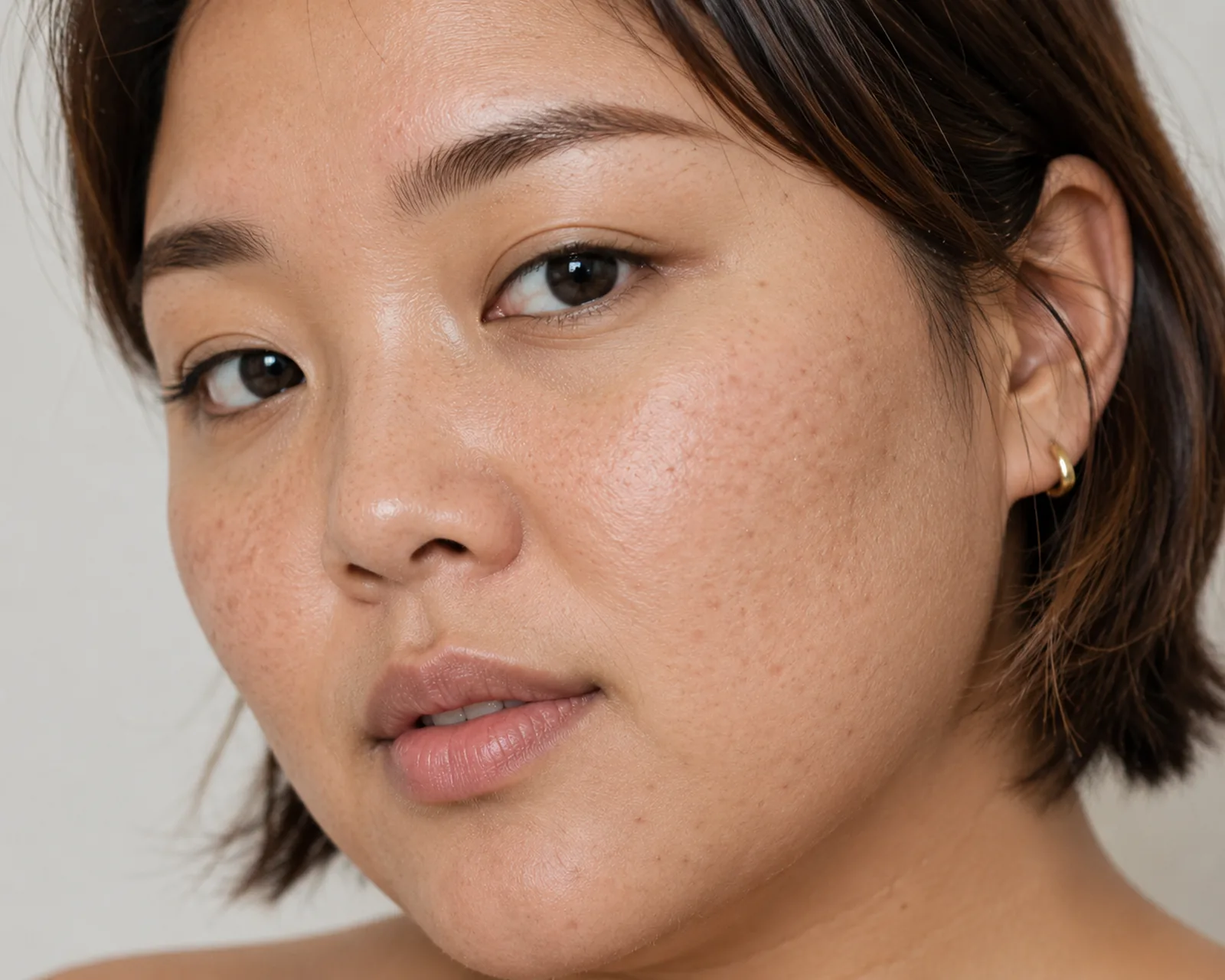 Close-up portrait of a woman with uneven skin texture and enlarged pores on the cheek, treated at Englewood Med Spa in Bergen County, New Jersey