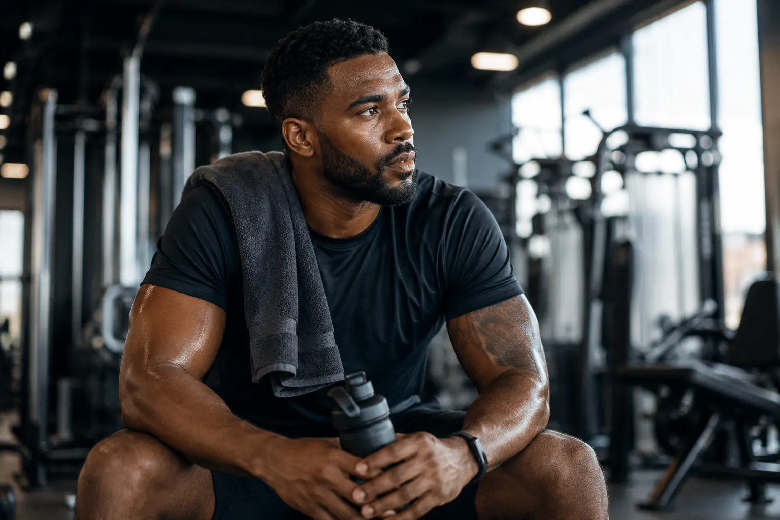Men's Medical Weight Loss Treatment | Englewood Cosmetic Medical Spa Man resting at the gym during his men's medical weight loss program in Englewood, NJ