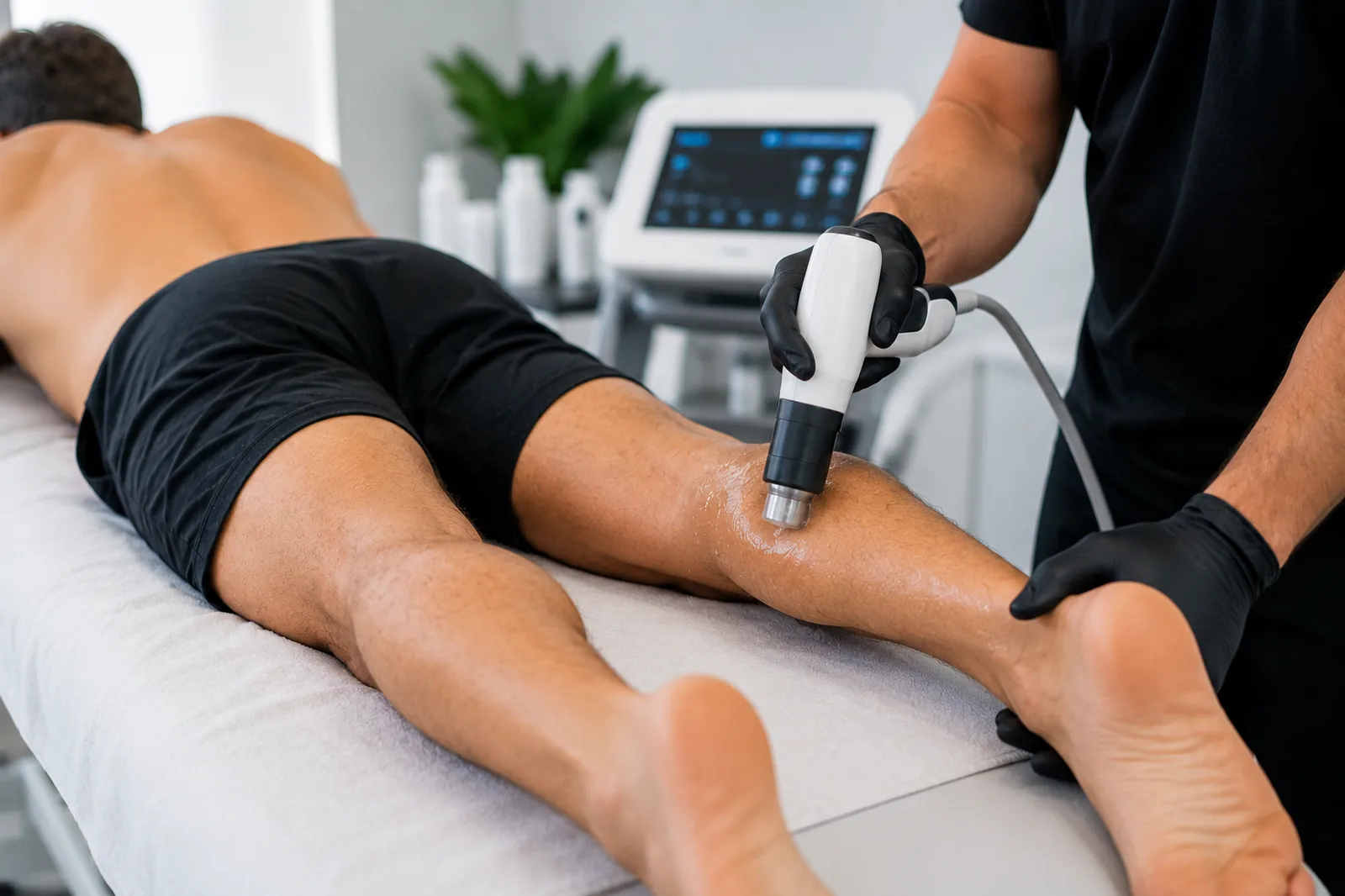Shock Wave Therapy Treatment | Englewood Med Spa Bergen County NJ Provider performing acoustic shock wave therapy on a male patient's leg at Englewood Med Spa in Bergen County, New Jersey