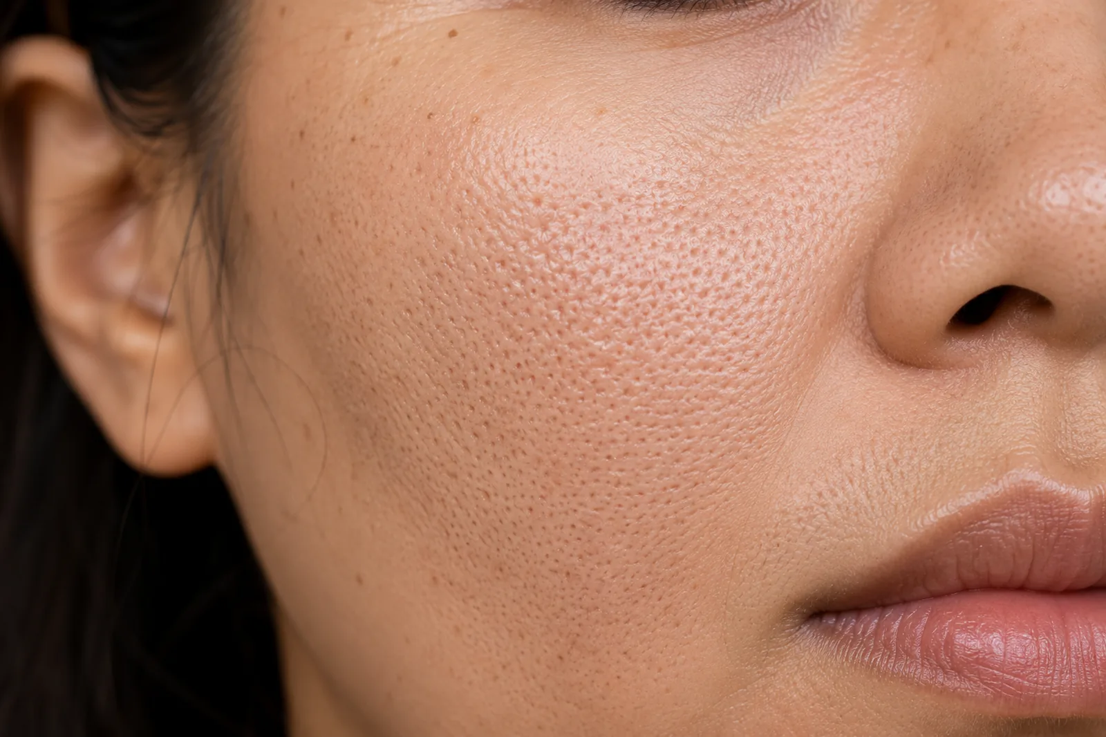 Close-up of a patient's cheek showing enlarged pores before treatment at Englewood Cosmetic Medical Spa in Englewood, NJ