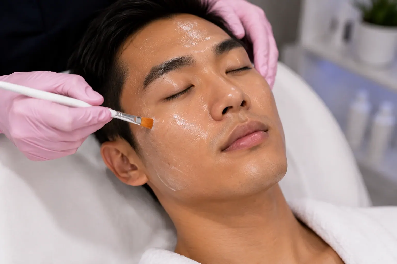 Asian man receiving a professional chemical peel treatment at Englewood Med Spa in Bergen County, New Jersey.