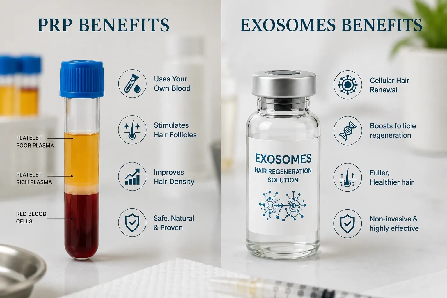 Educational comparison of PRP and Exosome therapy benefits for hair restoration at Englewood Med Spa.