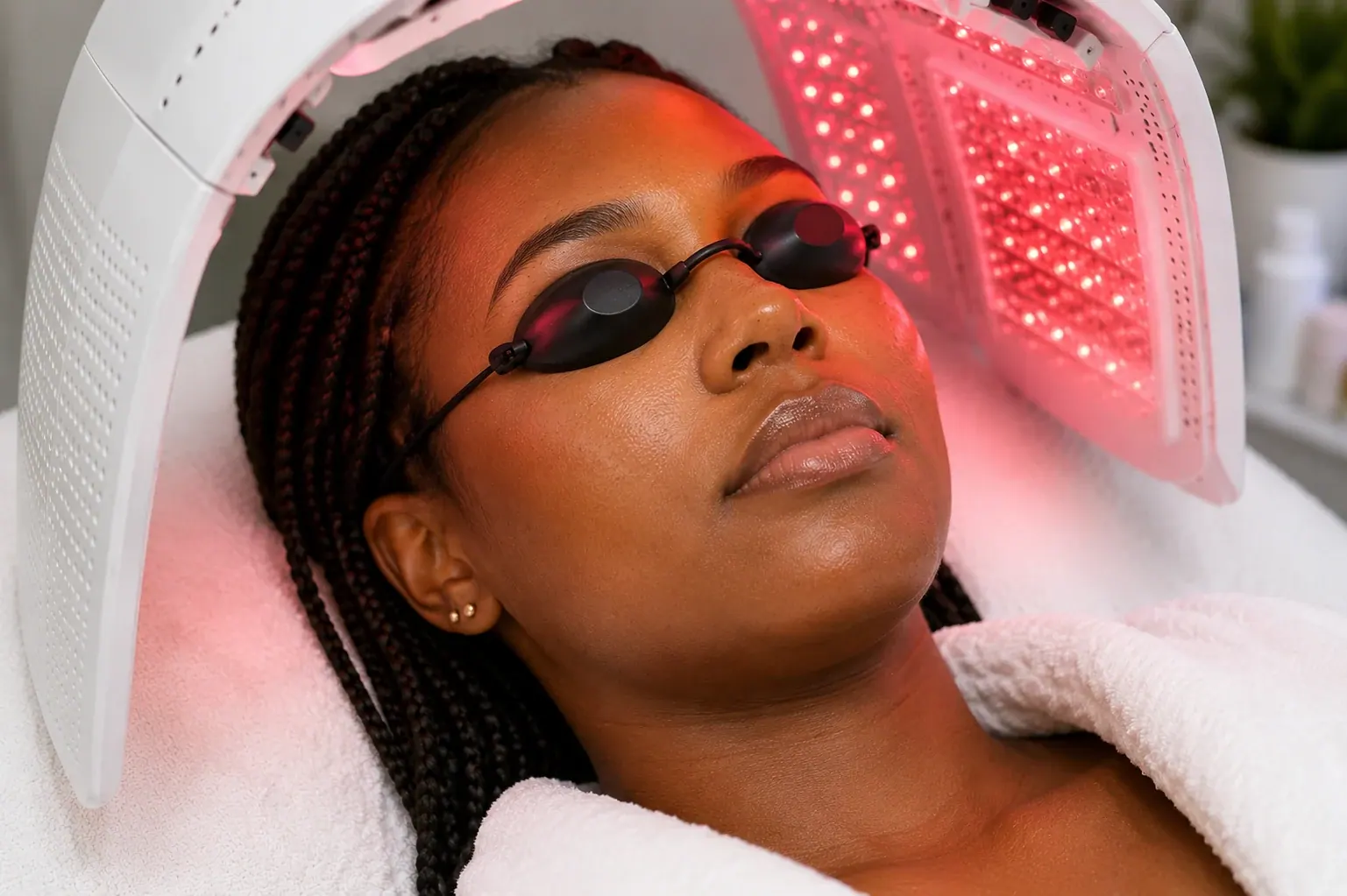 Black woman with braids receiving LED Light Therapy facial treatment at Englewood Med Spa in Bergen County, New Jersey.