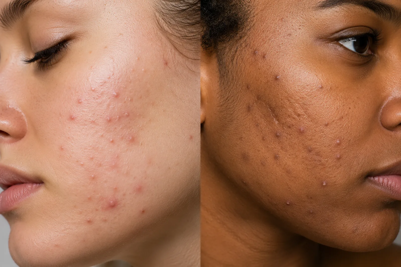 Close-up before and after comparison of two patients with active acne treated at Englewood Med Spa in Bergen County, New Jersey