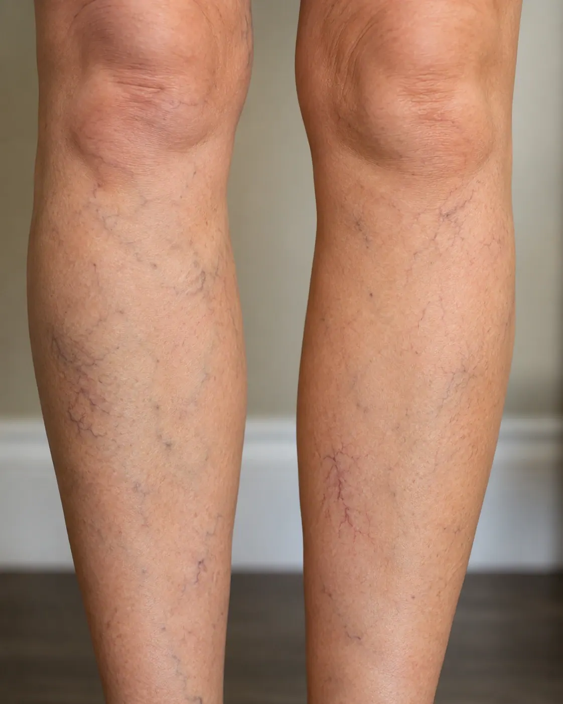 Spider Veins on Legs | Before Treatment Close-up of legs showing blue, purple, and red spider veins before treatment at Englewood Med Spa in Bergen County, New Jersey.