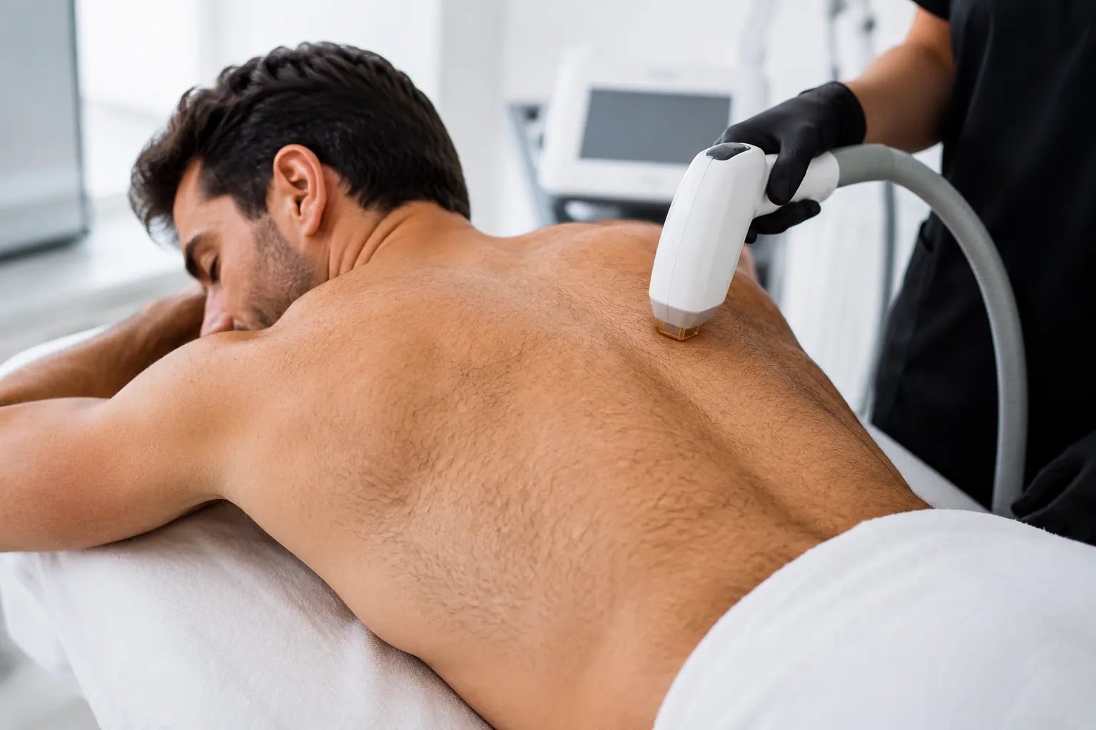Man receiving laser hair removal on his back at Englewood Cosmetic Medical Spa in Bergen County, NJ
