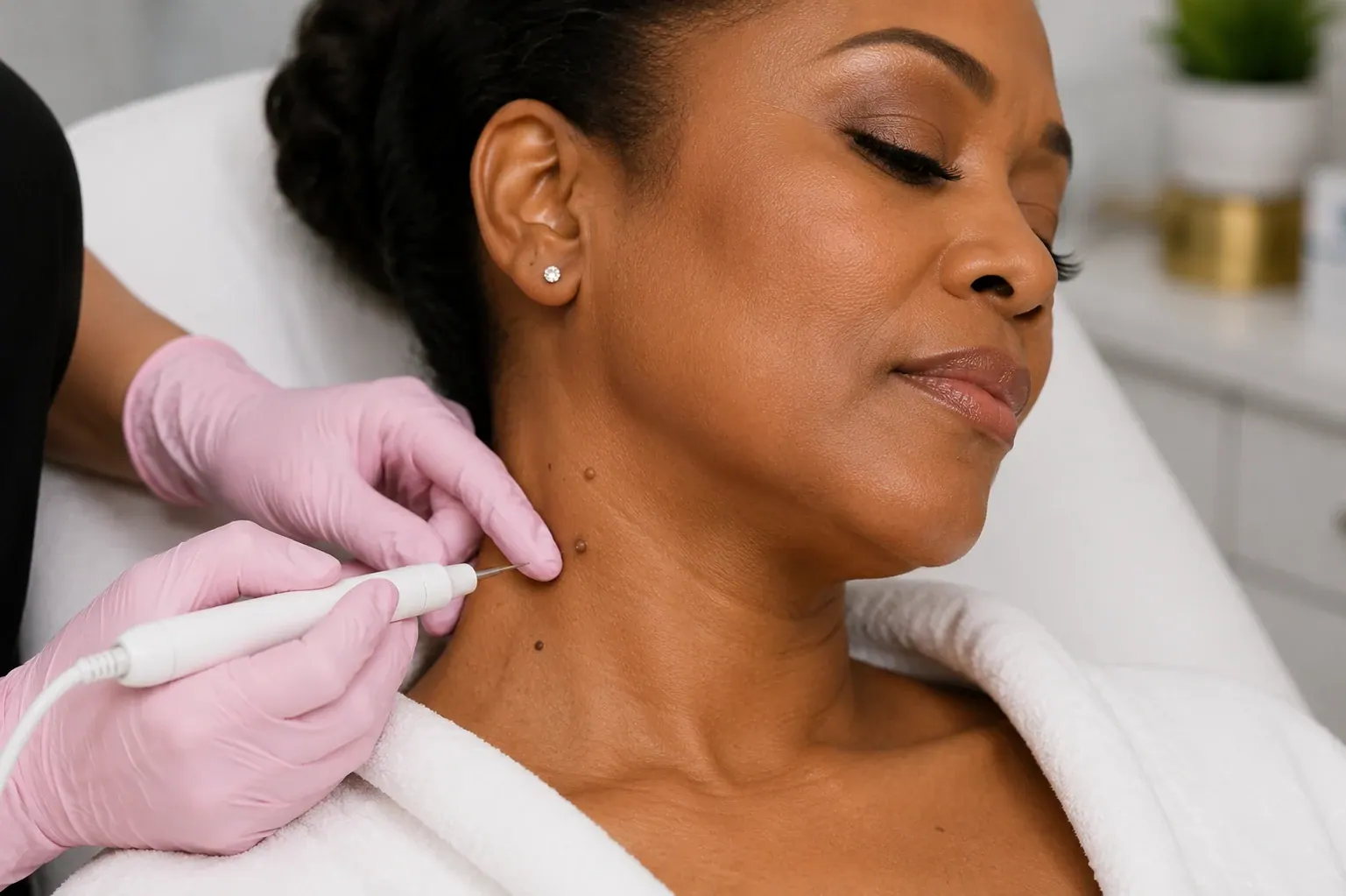 Beautiful mature Black woman receiving benign neck mole removal treatment at Englewood Med Spa in Bergen County, New Jersey.