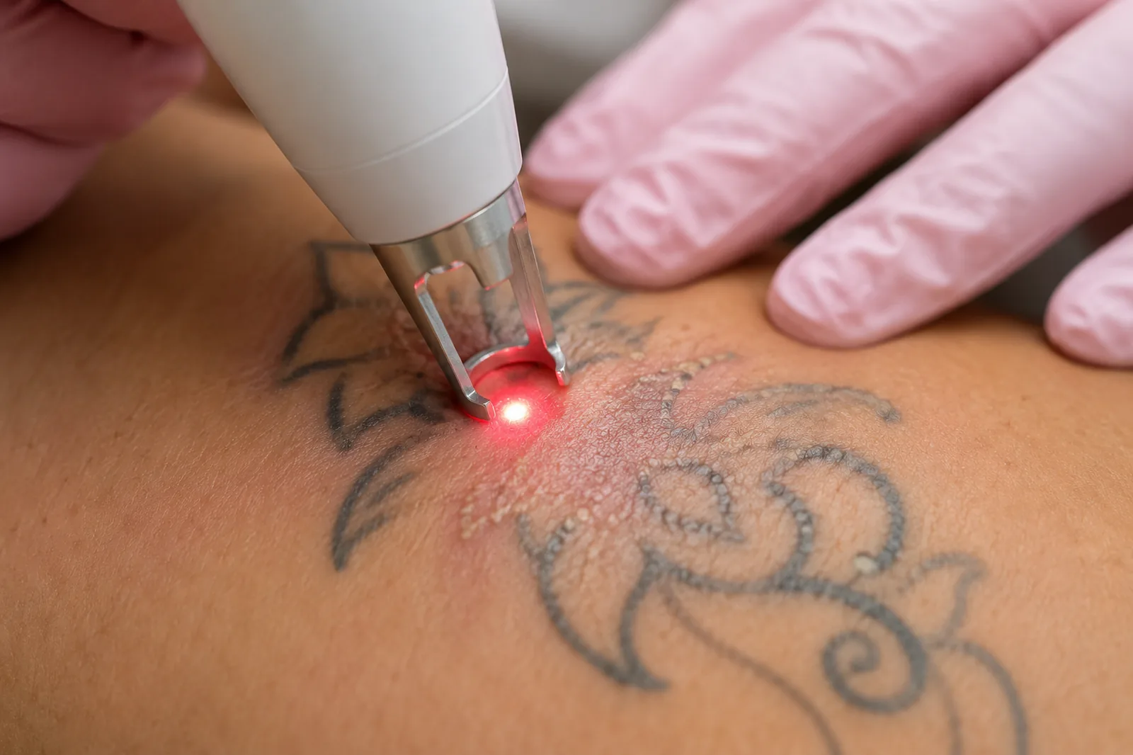 Laser tattoo removal treatment on a patient's shoulder at Englewood Cosmetic Medical Spa in Englewood, NJ