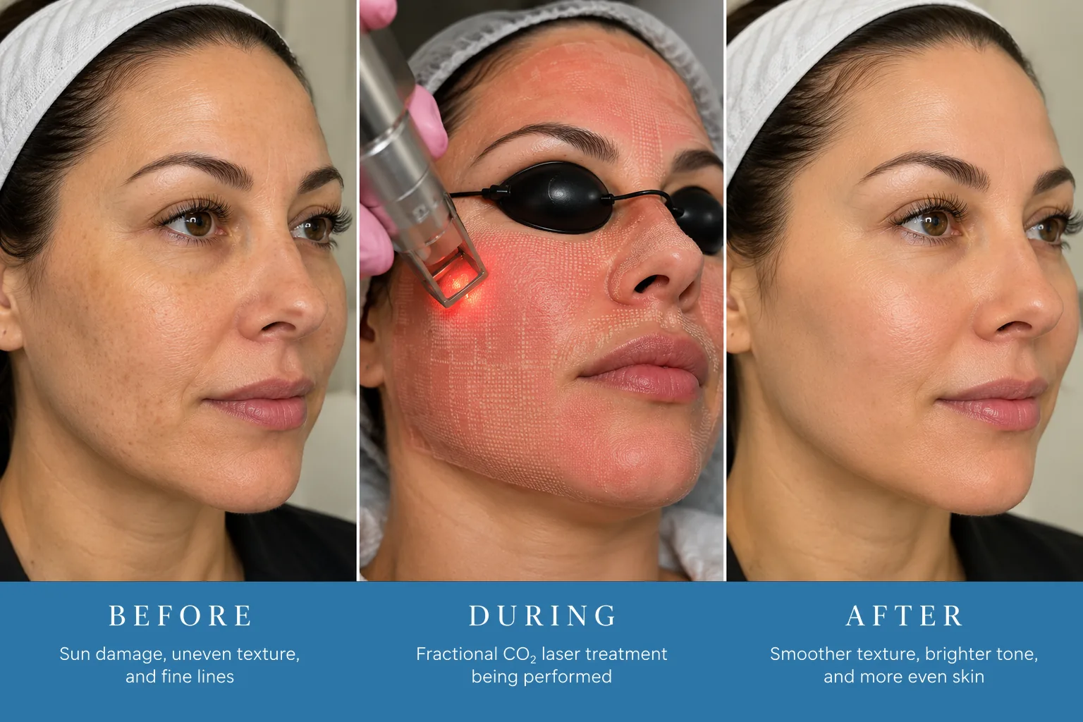 Before, during, and after fractional CO2 laser resurfacing showing redness during treatment and smoother skin afterward at Englewood Cosmetic Medical Spa.